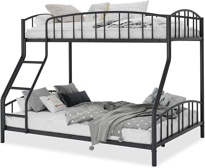 GarveeHome Metal Bunk Bed Twin Over Full, Heavy Duty Bunkbeds Frame with Arched Guardrail and Safety Ladder, Sturdy Steel Bed for Kids Boys Girls, Space-Saving, No Box Spring Needed, Black