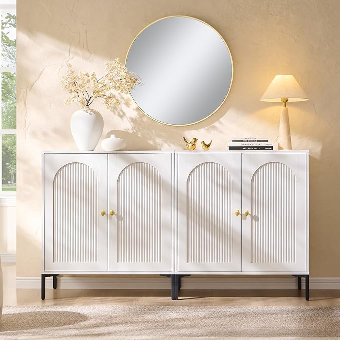IFGET Modern Buffet Cabinet with Storage, 61.75" W Fluted Arched Sideboard Cabinet w/Adjustable Shelves, Wooden Modular Coffee Bar for Dining Room, Kitchen, Living Room, Entryway, White