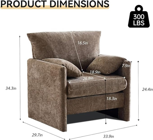 Chenille Oversized Armchair, 34" Wide Accent Chair for Living Room Bedroom Modern Upholstered Lounge Chair Mid-Century Reading Chair Comfy Single Sofa Chair, Brown