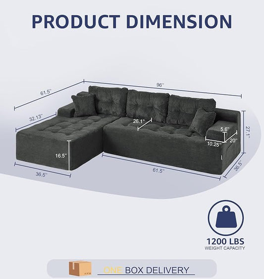Hobestluk Modular Sectional Sofa Couches L-Shape Couch 3 Seat Modular Sofa Memory Foam Sectional Couches for Living Room, Cloud Couch with Oversized Chaise (Charcoal Corduroy, 96", Left Hand Facing)