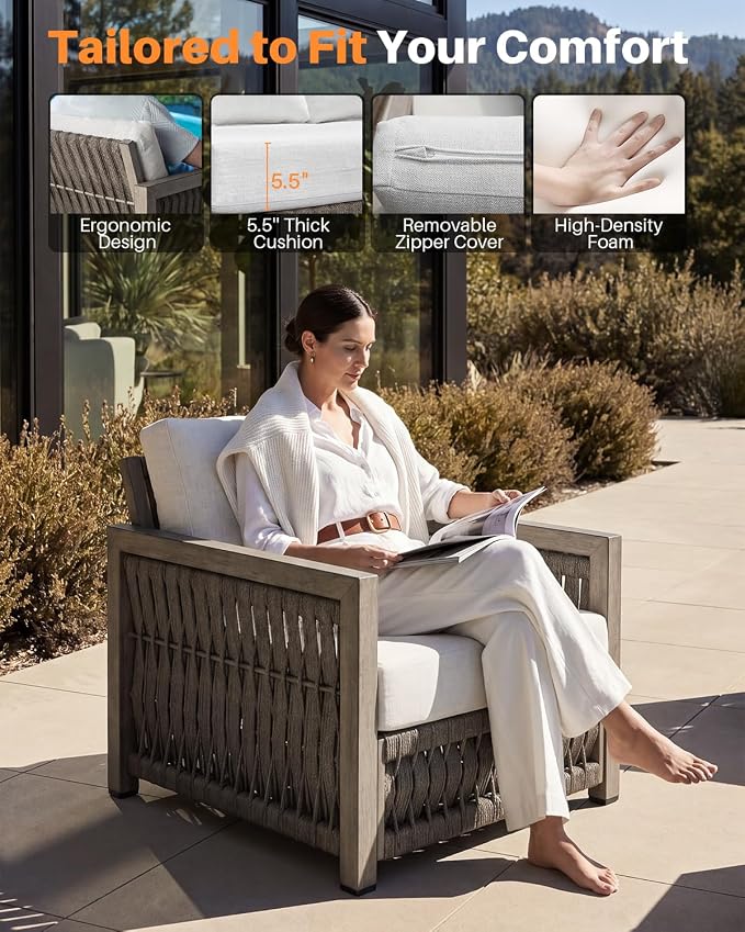 Patio Sofa Chair, Never Rusts Aluminum Outdoor Armchair with Washable Cushions, Rope Weave Outdoor Sofa Chair Patio Sofa Armchair, Deep Seating Patio Furniture for Garden, Porch, Gray Oak