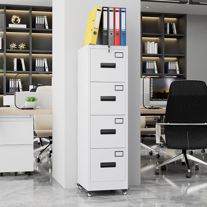 Garvee 4-Drawer White Metal File Cabinet with Individual Locks, Heavy-Duty Steel Vertical Filing Cabinet for A4, Letter & Legal Size Documents, Locking Storage Cabinet for Home Office & School