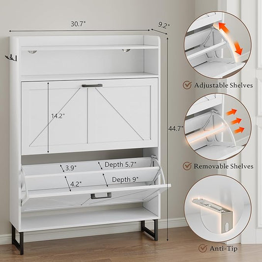BORNOON Shoe Cabinet with 2 Flip Drawers Narrow Shoe Storage Cabinet Organizer Wooden Freestanding Shoe Rack Hidden Slim Shoes Storage Cabinet for Entryway, Hallway, Bedroom