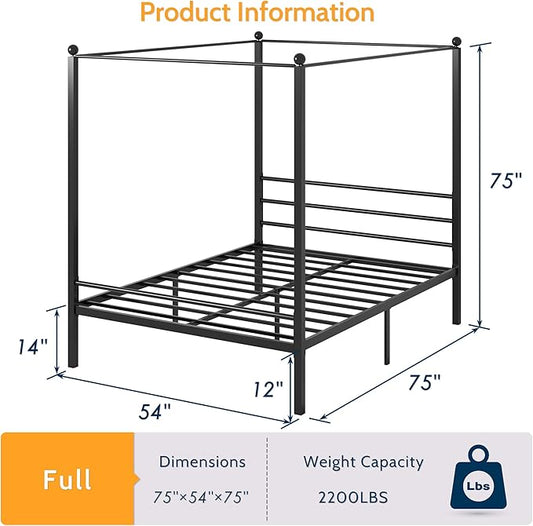 Lutown-Teen Full Canopy Bed Frame, Four Poster Metal Full Size Canopy Bed Frame, Heavy Duty Mattress Foundation with Underbed Storage, No Box Spring Needed, Easy Assembly, Black