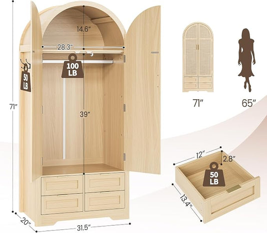 Armoire Wardrobe Closet with 4 Drawers - 2 Wood Bedroom Armoires and Wardrobes with Rattan Doors for Hanging Clothes, Clothing Cabinet Arched Closets for Cloak Room, 2 Wardrobes, Natural