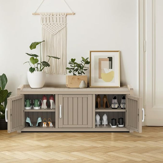 DRATO Outdoor Shoe Storage Cabinet, Shoe Bench with Storage, Waterproof Resin Large Shoe Cabinet with Doors for Outdoor Indoor Entryway Hallway Bedroom (Grey, 3 Doors)