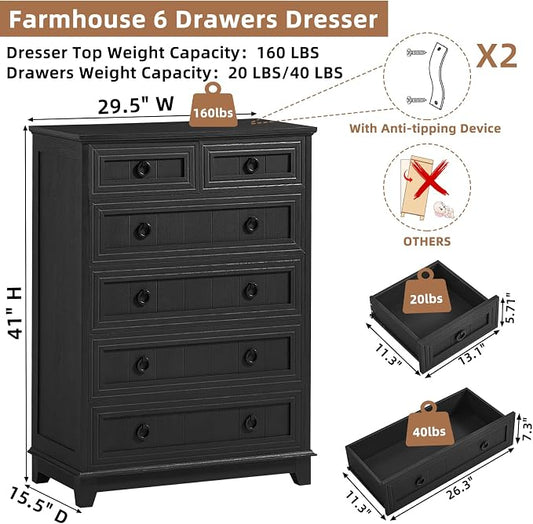 Joaxswe Farmhouse 6 Drawer Dresser for Bedroom, 41" Tall Small Dressers & Chest of Drawers, Rustic Wood Dresser with Metal Handle, Storage Organizer Closet for Living Room, Hallway, Entryway