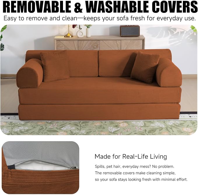 79" Corduroy Sofa Bed, Boneless Couch in a Box with 2 Pillows, High-Density Foam 4-in-1 Foldable Sleeper Futon Loveseat for Small Spaces, No Assembly, Side Pockets, Round Arm Orange