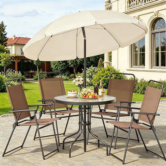 Shintenchi 6 Piece Outdoor Patio Furniture Set, Small Outdoor Patio Dining Table and Chairs Set, Outdoor Seating with Umbrella for Backyard, Balcony, Front Porch, Light Brown