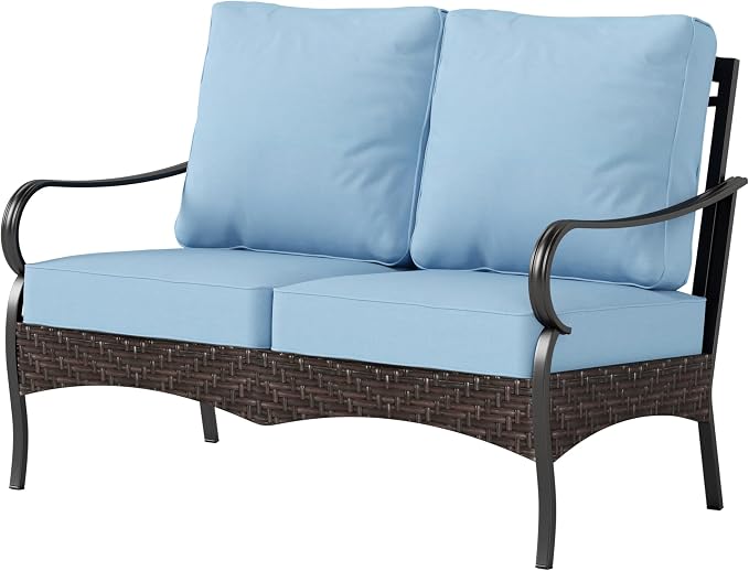 PHI VILLA Wicker & Metal Outdoor 2-Seat Patio Couch,Patio Sofa Loveseat with Deep Seating for Front Porch, Deck, Balcony, Backyard, Sunroom,Blue