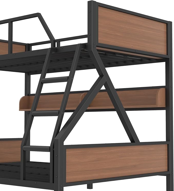 KEIKI Full Over Queen Bunk Bed, Heavy Duty Metal Bunkbed with Storage Shelves, Lights, Bottom Space & Guardrail for Aldults Dorm Bedroom Guest Room, No Box Spring Needed, Noise-Free Design