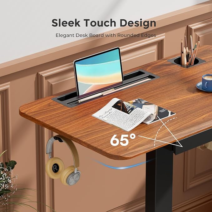 Mobile Standing Desk with Drawer, 28" Rolling Desk with Cup Holder and Hooks, Portable Laptop Workstation on Wheels, Height Adjustable Cart with Storage for Home Office, Dark Wood