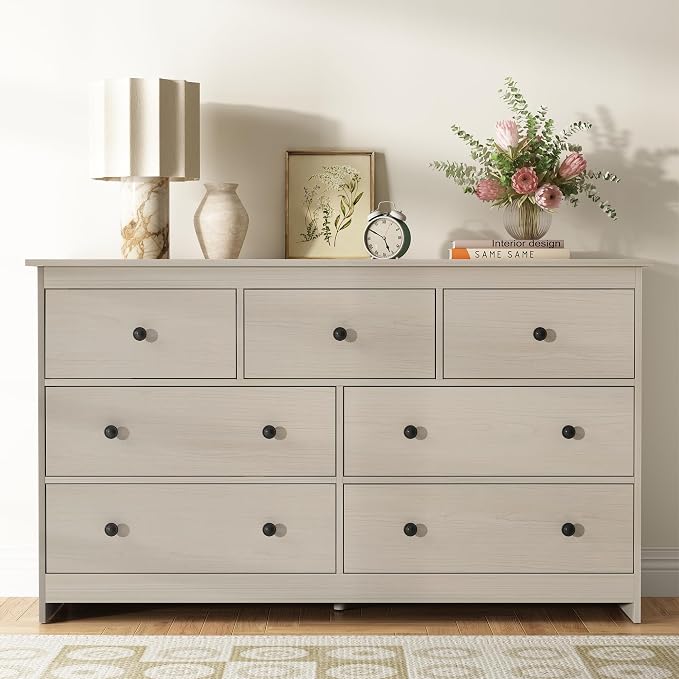 CARPETNAL Dresser for Bedroom, 7 Drawer Dresser 55” Wide Wood Chest of Drawers with Metal Handles, TV Stand, Furniture Storage Dressers Organizer for Living Room, Hallway, Entryway (Walnut)