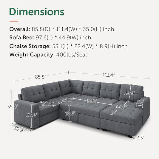 HONBAY Modular Sectional Sleeper Sofa with Pull Out Bed, U Shaped Sleeper Couches with Storage Chaise, 114'' Sleeper Sectional Sofas for Living Room, Apartment (Bluish Grey)