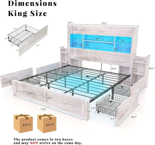 LUXOAK King Bed Frame with 49.6" Bookcase Headboard & 2 Bedside Stoage Racks & 4 Drawers, Farmhouse Wood Bed Frame with RGB LED & Charging Station, No Box Spring Needed, Distressed White