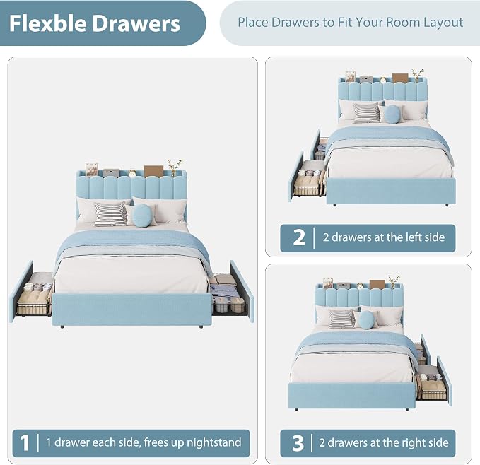 Garvee LED Full Size Bed Frame with Storage Headboard, Kids Bed Frame with 2 Drawers, Boucle Upholstered Platform Bed for Girls, Chic Wavy Headboard with Bookcase, No Box Spring Needed, Blue
