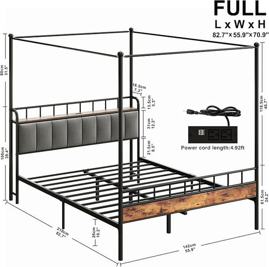 LIKIMIO Canopy Bed Frame Full, Storage Headboard with Charging Station, Platform Bed with 4 Removable Sturdy Posts, Noise Free, No Box Spring Needed, Vintage Brown