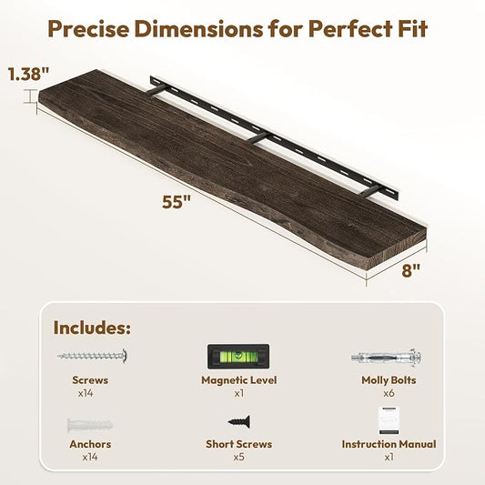 Vivelove Live Edge Floating Shelves 55 Inch Elm Wood, Rustic Farmhouse Wall Shelf with Invisible Bracket for Living Room Bedroom Bathroom Office Book, 55x8x1.4- Set of 1 - Dark Walnut