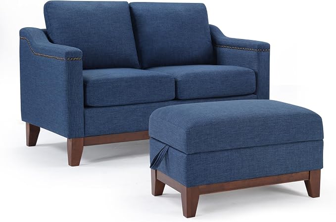 HAOMARKETS 2 Piece Fabric Sofa Set with Nailhead Trim, Included Loveseat 2-Seater Couches with Thicked Cushion and Upholstered Storage Ottoman with Flip-Top Table, Living Room Furniture Set,Blue