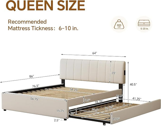 Queen Size Upholstered Platform Bed with Pull-Out Trundle Bed | Twin Size Trundle, LED Lighting Controlled by APP, USB+Type-C Charging Ports, Chenille Upholstered Bed Frame,Beige