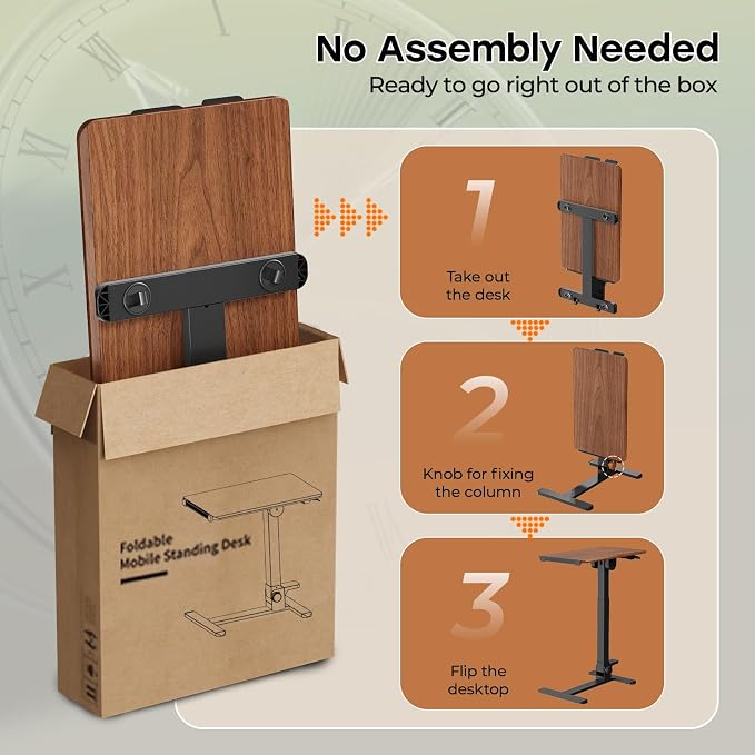 Foldable Mobile Standing Desk, 27 Inch Small Rolling Laptop Cart Height Adjustment, 90° Tiltable Bedside Table, No Assembly Needed Portable Computer Workstation, Dark Wood