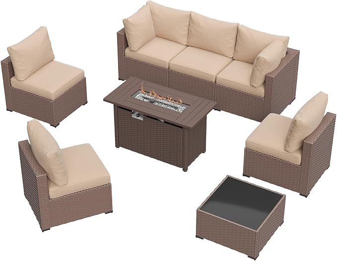 Aoxun 8 Piece Patio Furniture Set with 44” Fire Pit Table, Wicker Rattan Patio Sectional Sofa, Outdoor Furniture Set with Thickened Cushion, Brown