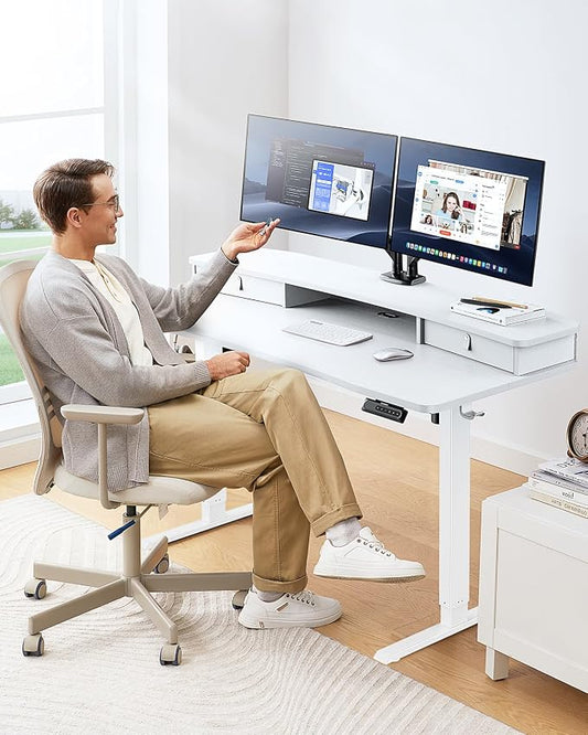 HUANUO 60″ x 30″ Electric Standing Desk with 2 Drawers, C-Clamp Mount Compatible, Height Adjustable Computer Desk, Home Office Stand Up Desk with 4 Preset Heights & 2 Hooks, White