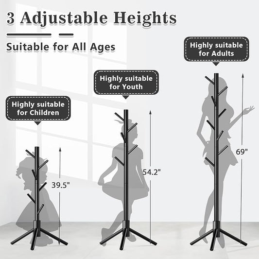 Wooden Coat Rack Freestanding with 8 Hooks,Easy Assembly New Zealand Pine Tree Coat Racks, 3 Adjustable Sizes for Clothes, Hats, Bags, for Entryway, Hallway, Bedroom, Office (Black, 2 PCS)