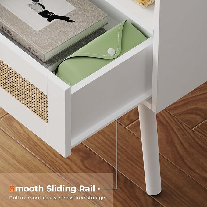 SUPERJARE Nightstand with Charging Station & Rattan-Like Decor Drawer, Rattan End Table with Solid Wood Feet, Bed Side Table with Open Storage, for Bedroom, Living Room, Dormitory - White