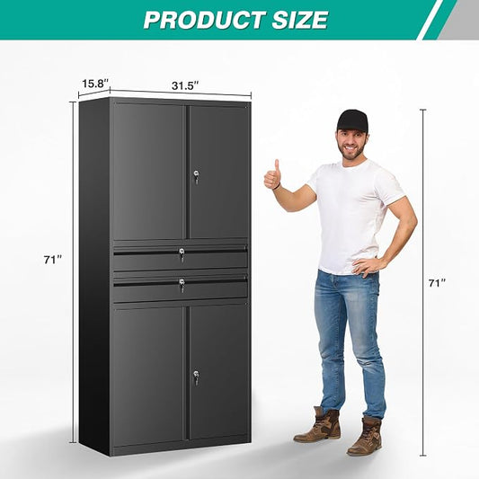 SISESOL Metal Storage Cabinet with Drawer and Locks,Black Garage Storage Cabinet with Locking Doors and Adjustable Shelves,71" Tall Large Metal Cabinets with Magnetic Door for Home,Office,Garage