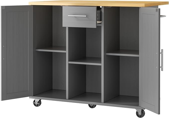 JY QAQA 42" Kitchen Island with Storage on Wheels, Rolling Table with Drop Leaf, Drawers, Cart Handle for Towel Rack or Free Movement, Gray