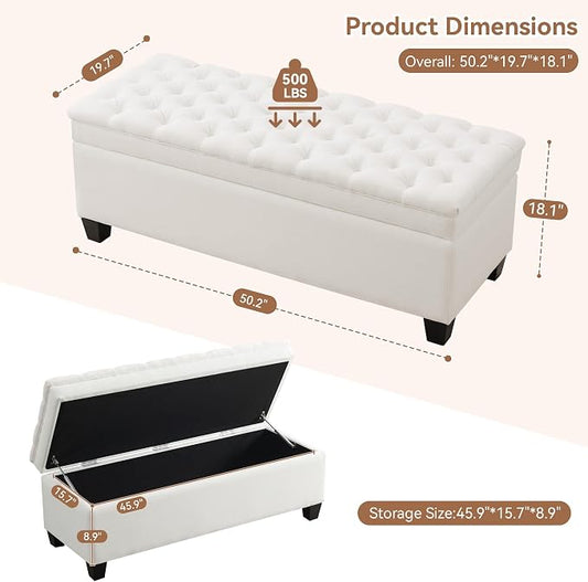 WUTUTUEE 51" Fabric Storage Ottoman Bench, Upholstered Rectangle End of Bed Storage Ottoman Tufted Living Room Bedroom Bench with Safety Hinge, Solid Wood Legs, Loads 500 lb(Beige)