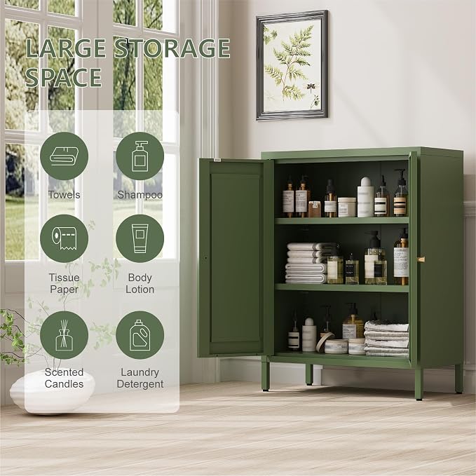 Metal Bathroom Cabinet, Small Floor Storage Cabinet, Freestanding Sideboard with 2 Adjustable Shelves for Living Room, Dining Room