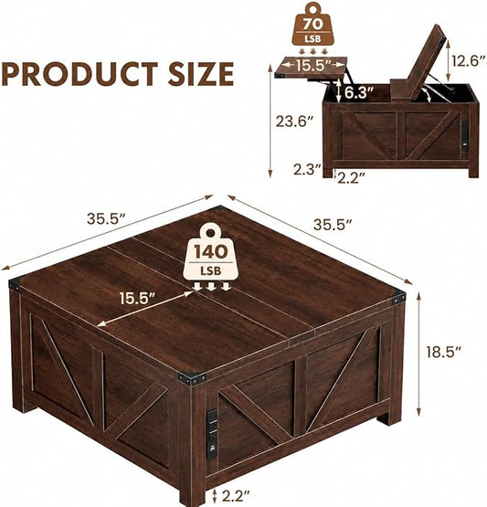 Simple Deluxe Lift Top Coffee Table with Storage, 35.5" Square Coffee Tables for Living Room, Farmhouse Coffee Table with Power Outlets, Coffee Tables with Lifting Top for Living Room (Brown)