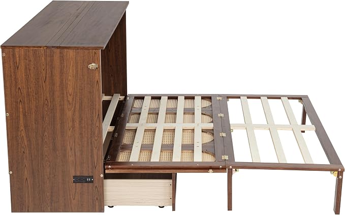PVWIIK Queen Size Murphy Bed Cabinet with Power Station & Large Drawer for Bedroom,Pine Wood Folding Chest Bed with Rattan Panel, Space-Saving Wall Bed, Walnut