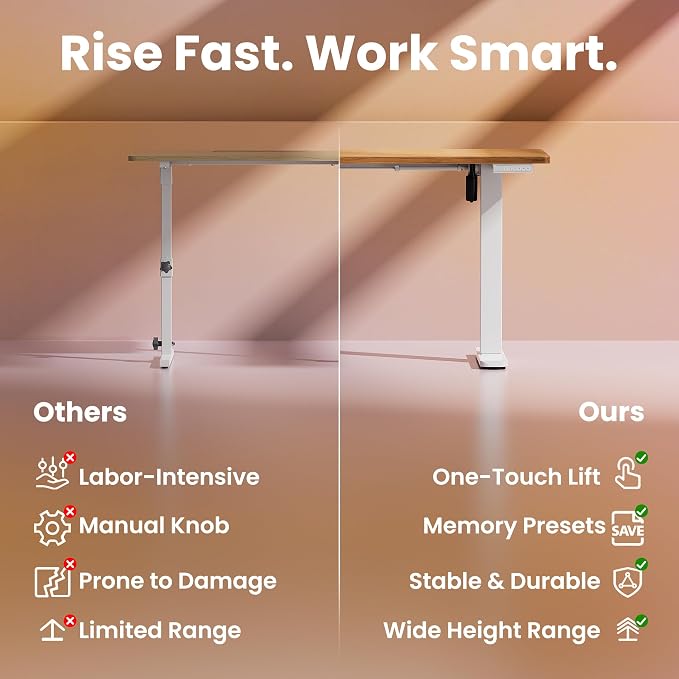 HUANUO Electric Standing Desk, 63" x 28" Height Adjustable Desk, 4 Memory Height Settings, Sit to Stand Up Desk for Home Office, with Headphone Hook, Cable Manager, Light Vintage Brown