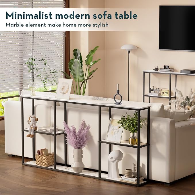 WOHOMO Console Table, Small Modern Entryway Table for Entry, 3-Tier Long Sofa Table Behind Couch for Living Room, Entrance, White Marble (63 inch)