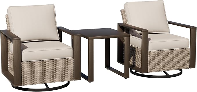 Joyside Outdoor Patio Swivel Rocker Chairs, 3 Pieces Wicker Furniture Set, 2 Swivel Rocking Chairs and 1 Table, Metal Wide Armrest, Thick Cushions and Deep Seating for Garden, Backyard, Porch, Deck