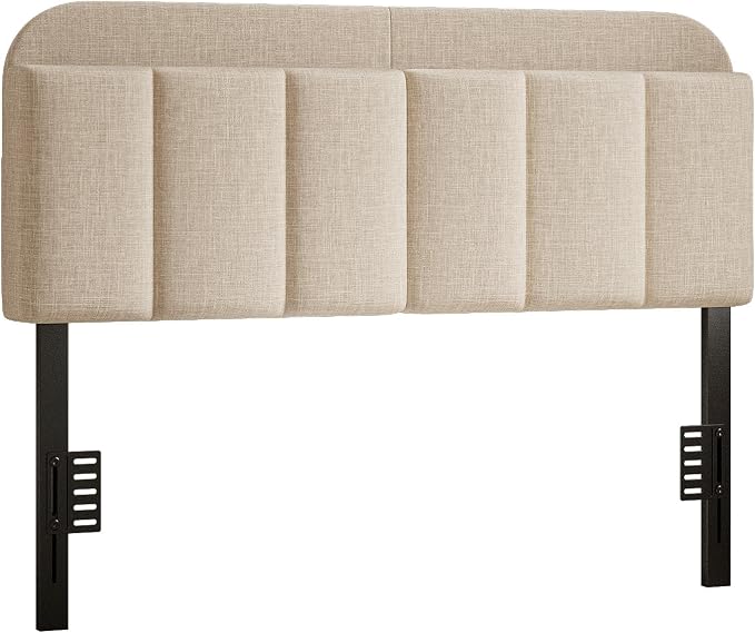 Headboard for Full/Queen Size with LED Light, Upholstered Bed HeadBoard with Storage, Linen Fabric Head Board with Vertical Channel Design, Height Adjustable, Easy to Assemble, Beige