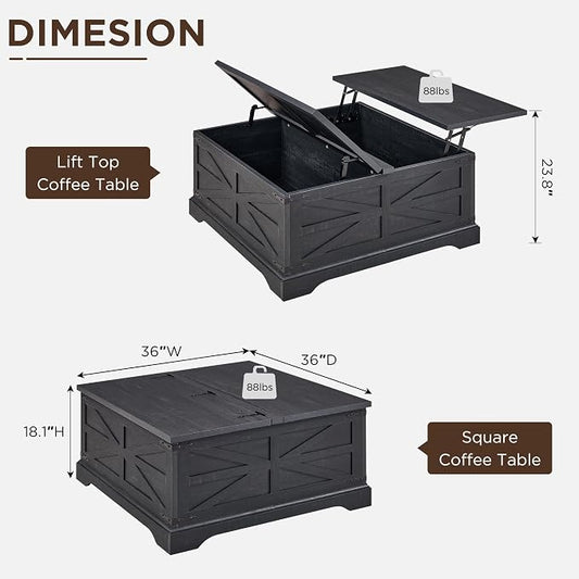 JXQTLINGMU Farmhouse Lift Top Coffee Table with Large Storage, 36" Square Wood Living Room Table with Hidden Compartment, Lift Tabletop Dining Table for Home, Black