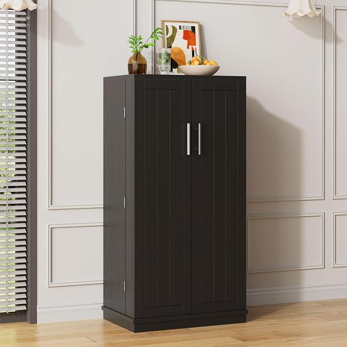 Pantry Cabinet, 47in Wooden Kitchen Storage Pantry Cabinet, Freestanding Storage Cabinets with 2 Doors, Adjustable Shelves, Black