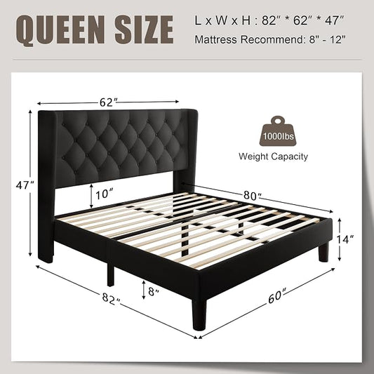 Einhomn Black Queen Size Platform Bed Frame with Fabric Upholstered Wingback Headboard, 12" Under Bed Space, Wooden & Metal Slats Support, No Box Spring Needed