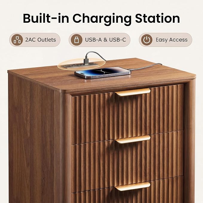 LYNCOHOME 23" Fluted Nightstands Set of 2 with Charging Station, 3 Drawer Bedside Table, Modern Night Stand with Curved Edge, Wooden End Table for Bedroom, Rounded Night Stand with Storage, Walnut