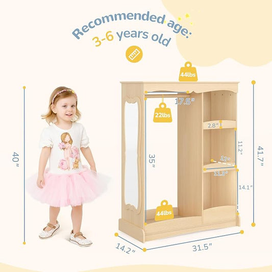 Curipeer Kids Dress Up Storage with Flower Mirror, Open Hanging Closet Wardrobe for Children, Kids Armoire & Costume Organizer for Bedroom Playroom Preschools Classroom, Wood Color