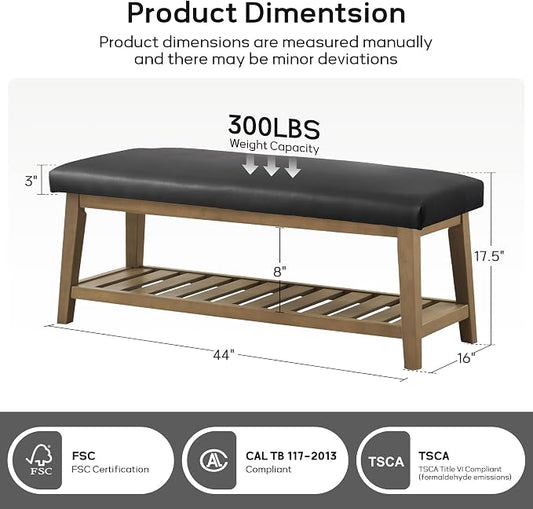 Entryway Bench with Cushion, Upholstered Shoe Rack Bench with Solid Wood Shelf, 44" End of Bed Bench for Bedroom, Chenille Fabric Storage Bench for Entryway, Hallway, Living Room (PU-Black)