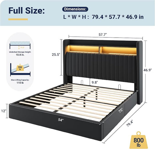 Allewie Full Size Lift Up Hydraulic Storage Bed Frame, 2-Tier Shelf Headboard with LED Lights and Charging Station, USB and Type C Ports, Wingback Velvet Headboard, No Box Spring Needed, Black