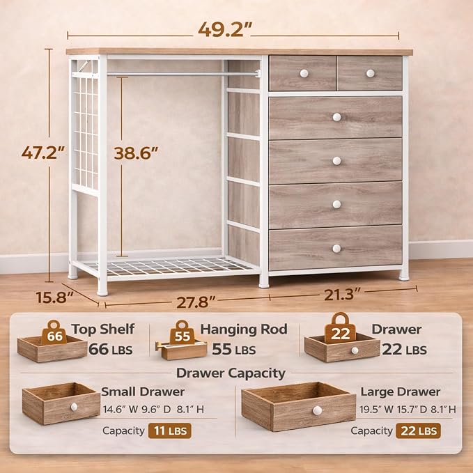 Simple Deluxe Storage Clothes Rack with 6 Drawers, Charging Station & LED Lights, Fabric Chest Shelves Clothing Rack, Wooden Portable Wardrobe Closet, 49.2" W x 15.7" D x 47.2" H, Brown