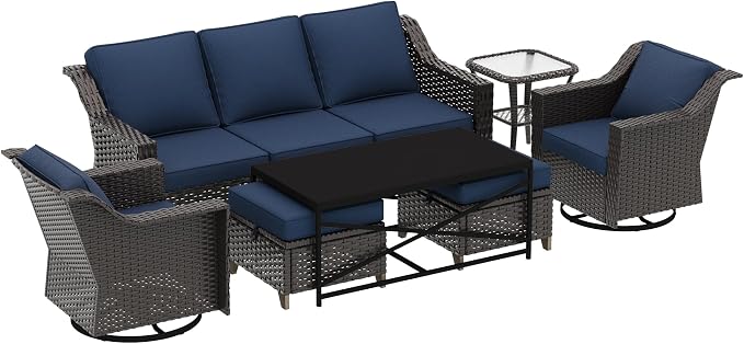7 Pieces Outdoor Conversation Furniture Set - 77" Patio Sofa, 2 Swivel Rocker Chairs, 2 Ottomans, 1 Side Table, 1 Metal Table, Wicker Couch with Washable Cushions for Balcony (Navy Blue)