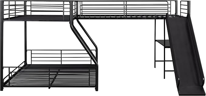 Flieks L-Shaped Twin Over Full Bunk Bed with Twin Size Loft Bed,Built-in Desk and Slide,Black