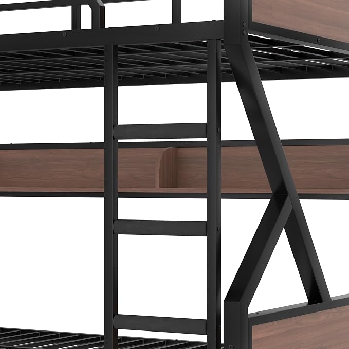 Bellemave Bunk Bed Queen Over Queen with LED, Heavy Duty Metal Bunk BedFrame with Storage Shelves and Lights, Black